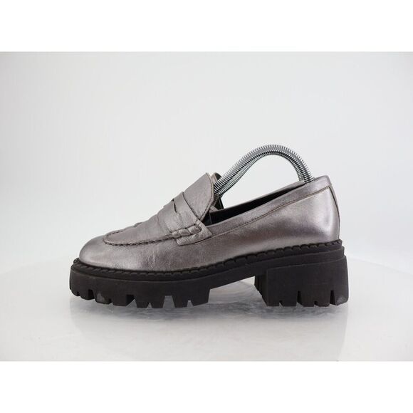 Free People Womens Lyra Lug Sole Penny Loafers Chunky Silver Leather 39 EU / 9 - Picture 9 of 14